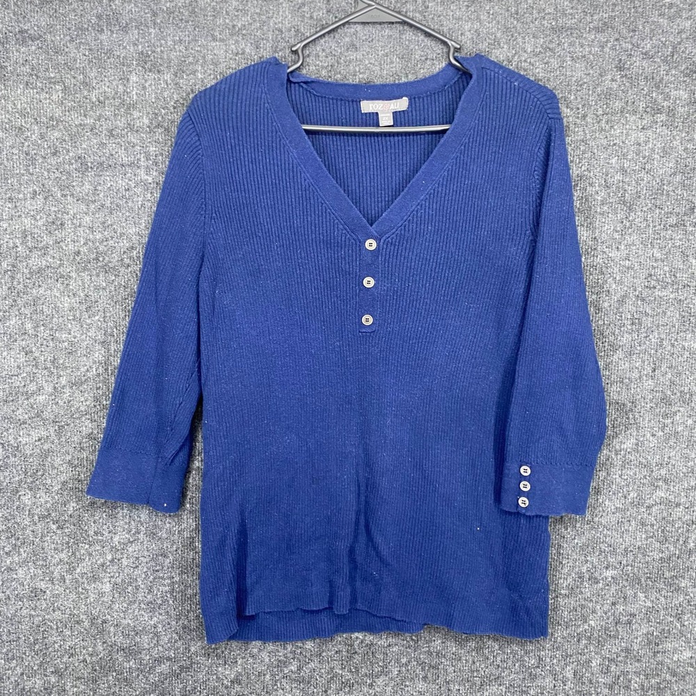 Roz & Ali Blue Ribbed Henley Sweater Top 3/4 Sleeve Plus Size 2X V-Neck Button